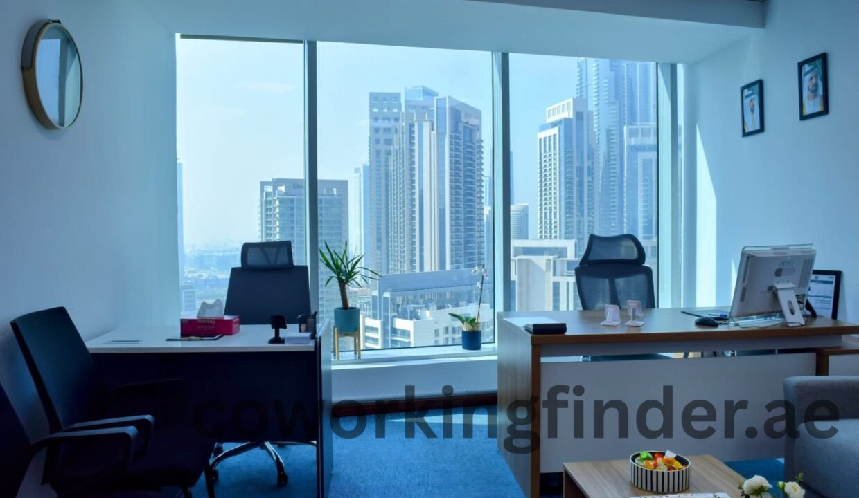 Open coworking space in Dubai with panoramic city views