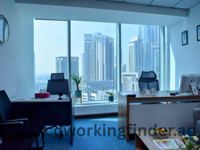 Open coworking space in Dubai with panoramic city views