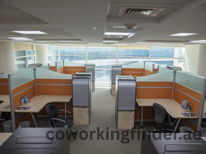 Map location pin over a Downtown Dubai business district