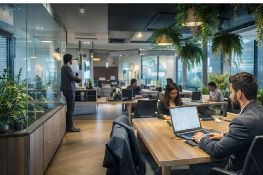 Flexible coworking space in Dubai UAE with modern shared desks and professionals working
