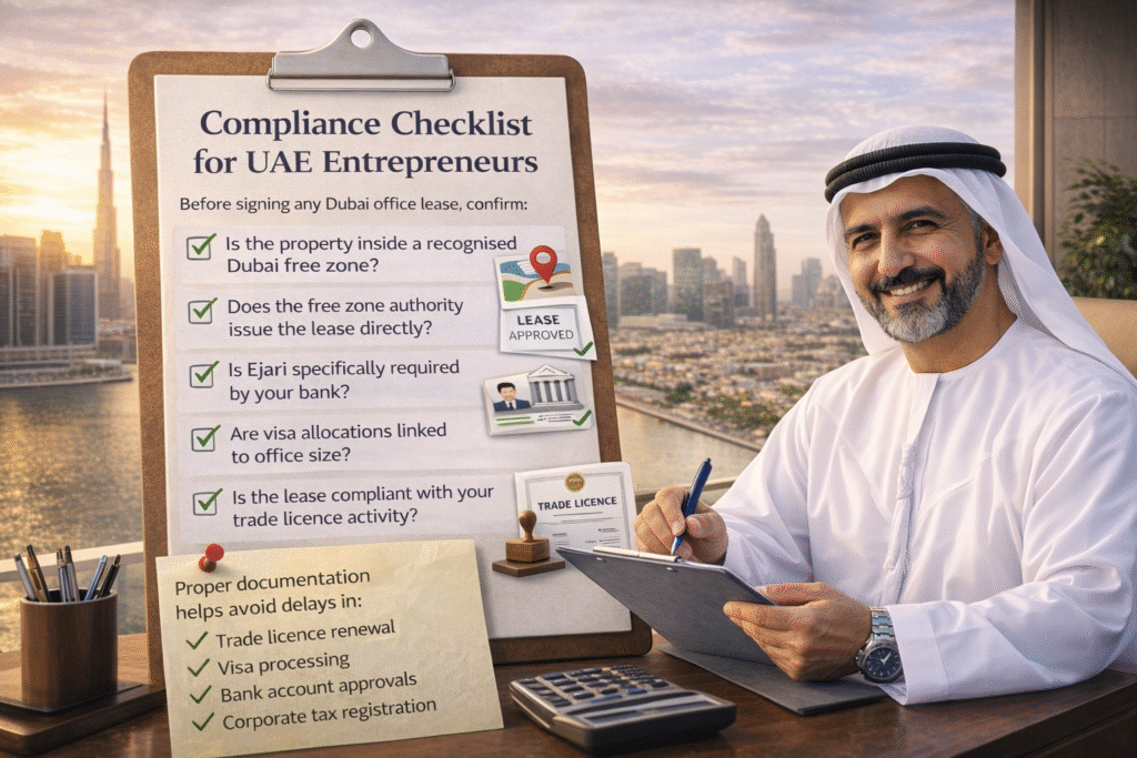 Compliance checklist for UAE entrepreneurs reviewing Dubai office lease requirements including Ejari, free zone lease, visas, and trade licence compliance