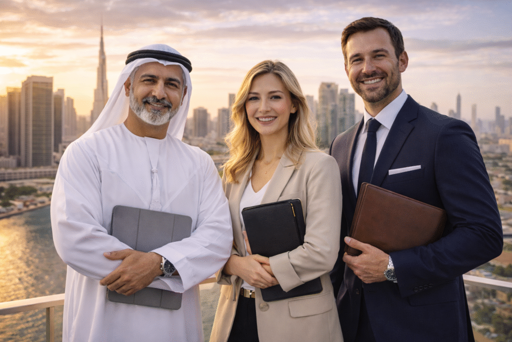Dubai business owners including Emirati and European entrepreneurs standing with Dubai skyline and Burj Khalifa in the background
