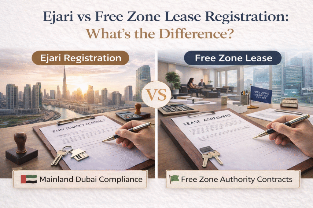 Ejari vs free zone lease registration Dubai comparison showing mainland Ejari tenancy contract and free zone office lease agreement