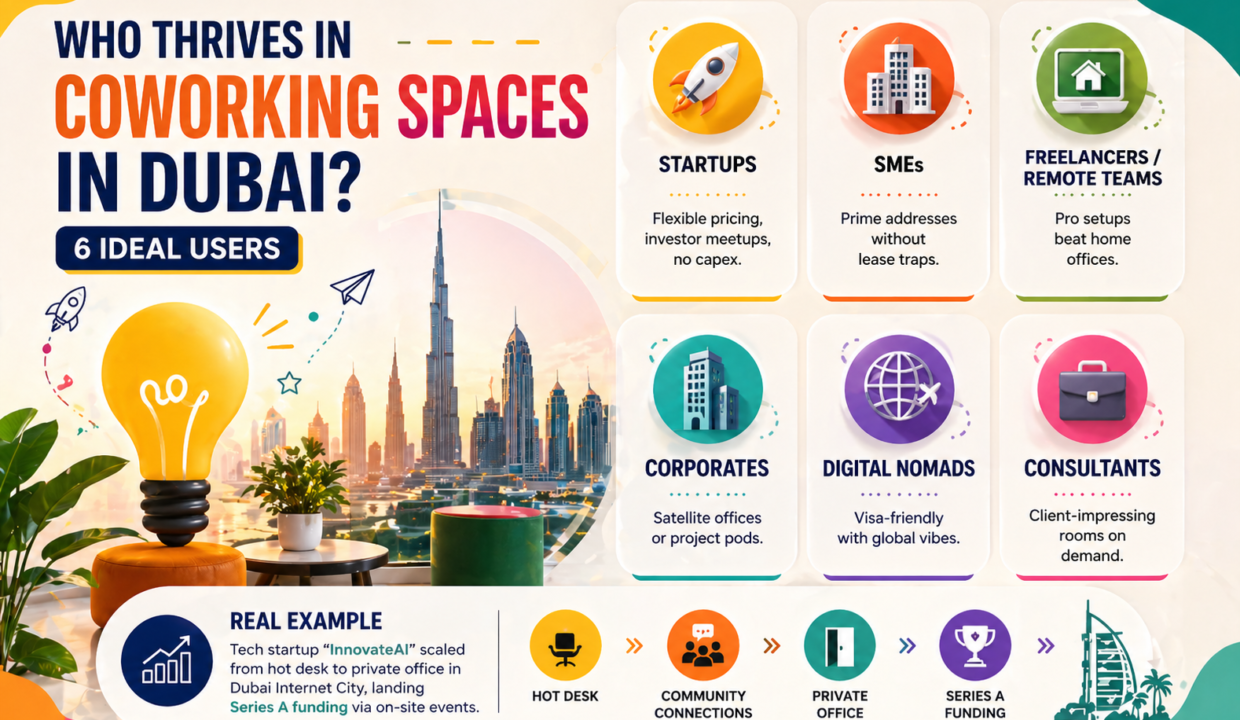 Premium coworking space in Dubai featuring modern amenities such as meeting rooms, ergonomic furniture, lounges, and high-speed digital infrastructure.