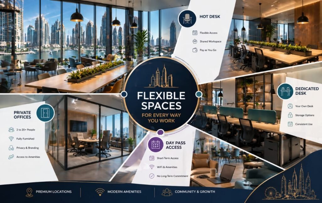 Modern coworking spaces in Dubai Marina with premium office interiors, flexible workspaces, and business-friendly environment