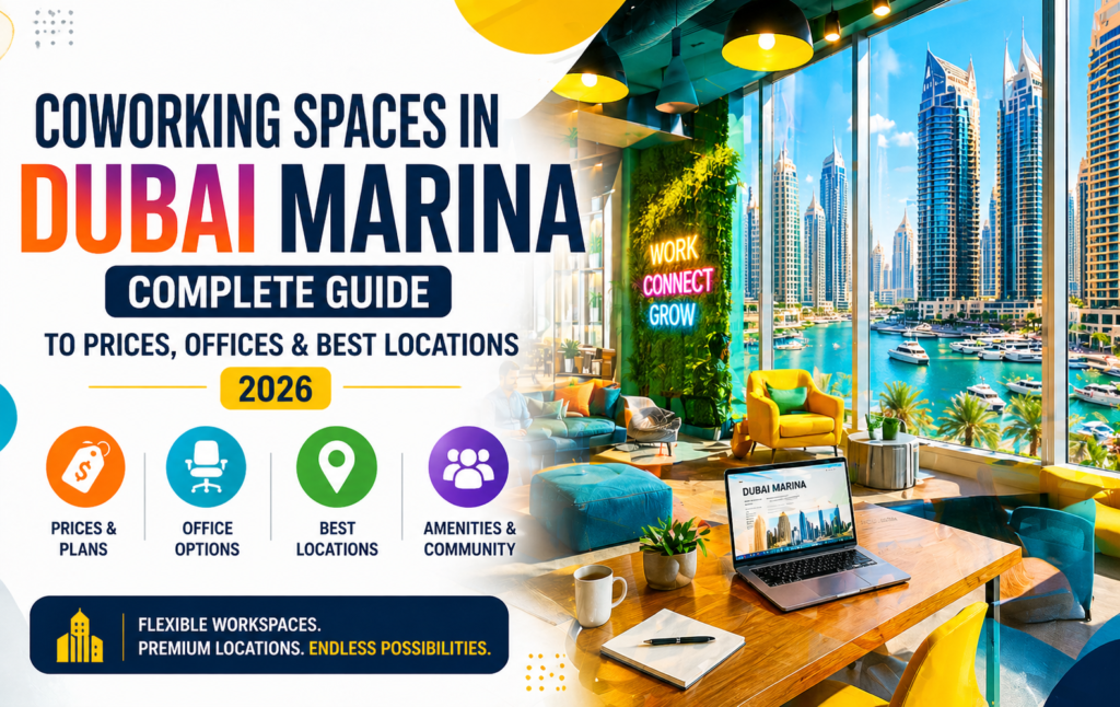 Modern coworking space in Dubai Marina featuring premium interiors, flexible workstations, and professional office design overlooking a vibrant business district.