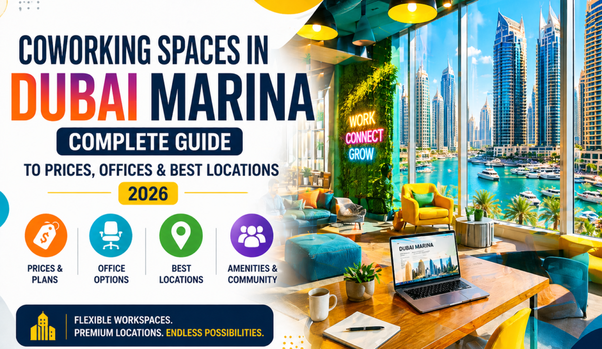 Modern coworking space in Dubai Marina featuring premium interiors, flexible workstations, and professional office design overlooking a vibrant business district.