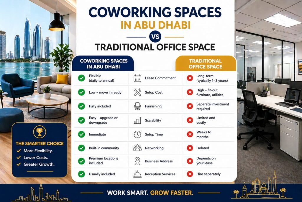 Side-by-side comparison of coworking spaces in Abu Dhabi and traditional office spaces, focusing on flexibility, costs, and business advantages.