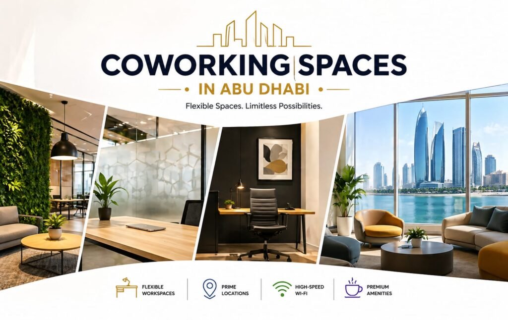 Different types of coworking spaces in Abu Dhabi, including hot desks, dedicated desks, private offices, and shared work environments.
