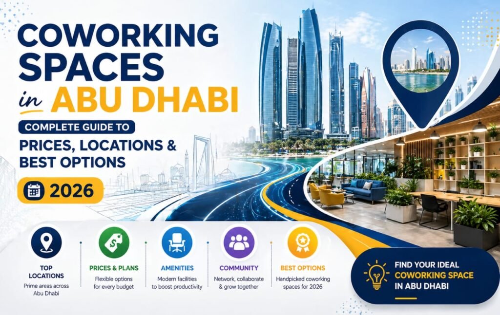 Modern coworking space in Abu Dhabi showcasing flexible workstations, private offices, and collaborative business environment in 2026.