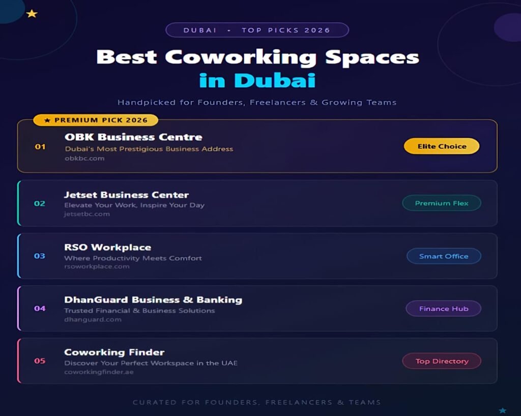 Best coworking spaces in Dubai 2026 including OBK Business Centre, Jetset Business Center, RSO Workplace, DhanGuard, and Coworking Finder
