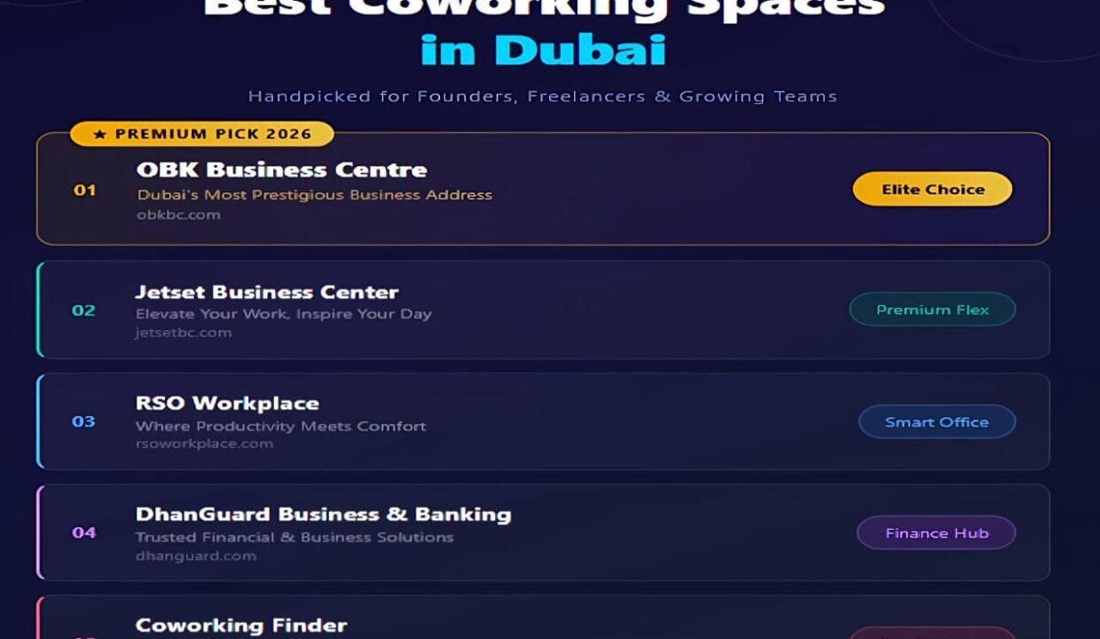 Best coworking spaces in Dubai 2026 including OBK Business Centre, Jetset Business Center, RSO Workplace, DhanGuard, and Coworking Finder