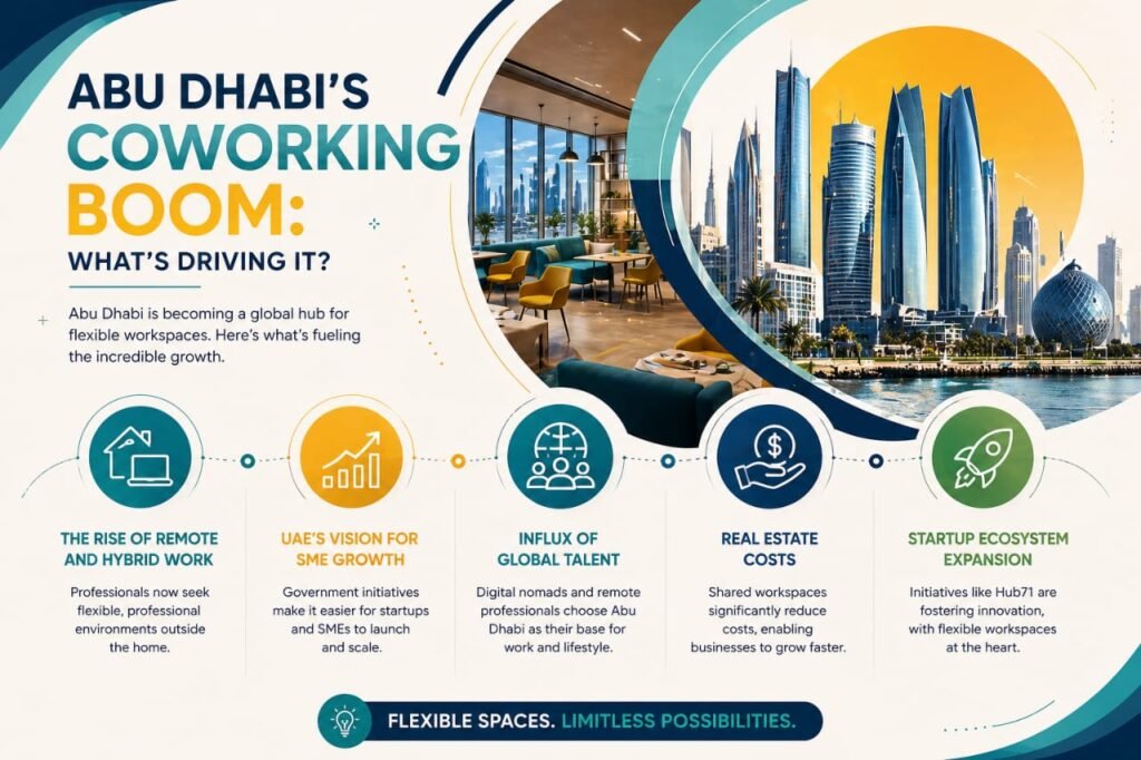 Flexible office space in Abu Dhabi featuring modern coworking desks, private offices, and adaptable work environments for businesses.