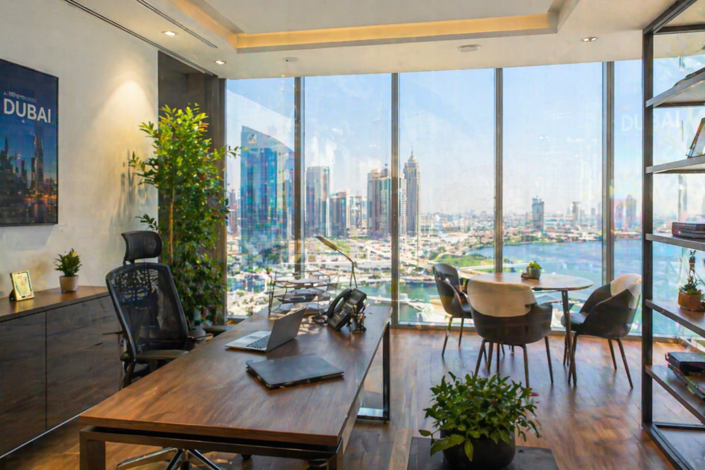 Modern office space in Deira Dubai with large windows, bright interiors, city skyline view and contemporary furniture