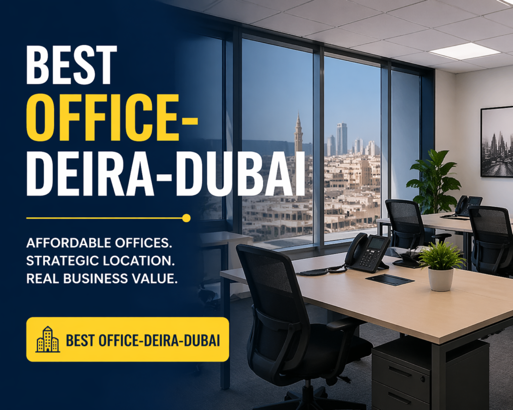 Modern office space in Deira Dubai with large windows, bright interiors, city skyline view and contemporary furniture