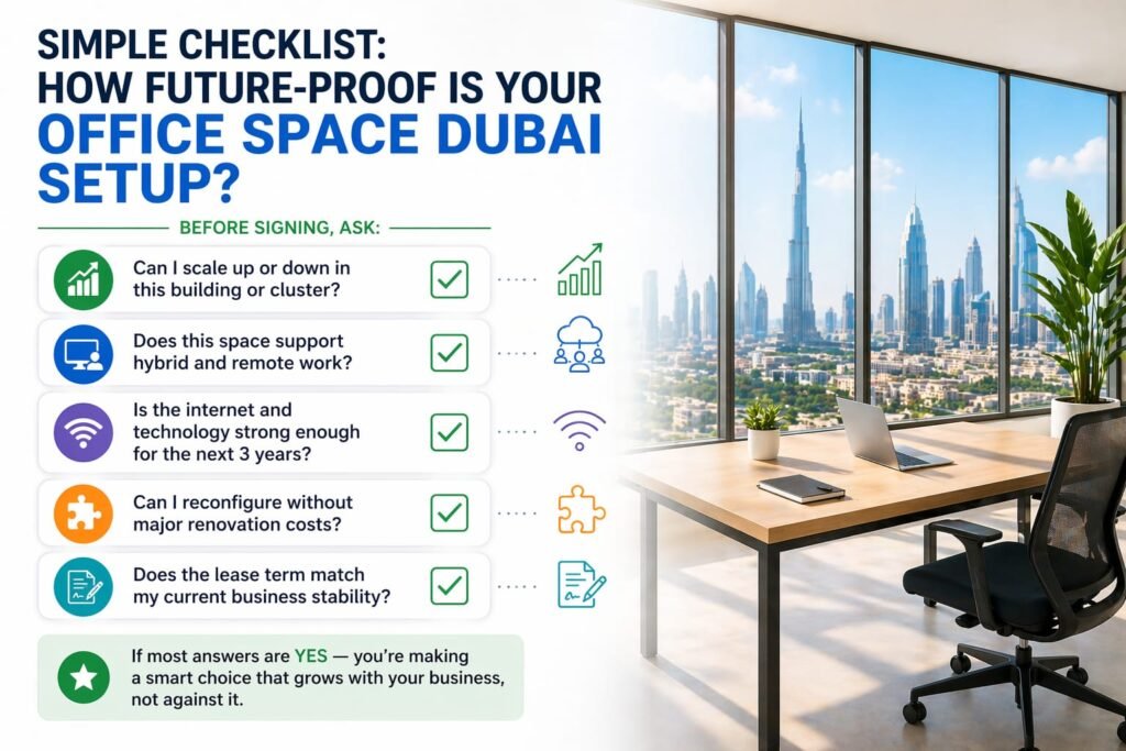 Business team reviewing a future-proof office space checklist in Dubai for scalability, technology, and flexibility