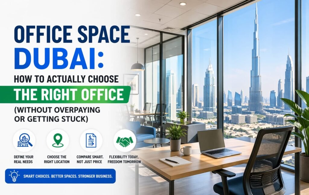 Modern office space in Dubai showcasing professional workspace options for businesses choosing the right office without overpaying