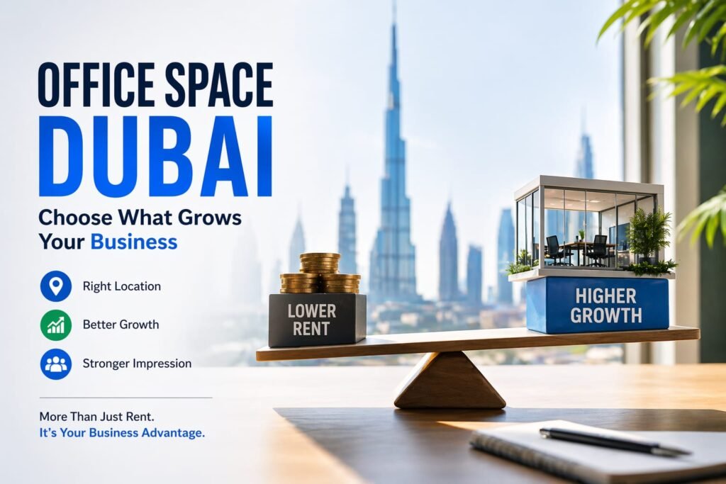 Professional office space in Dubai highlighting workspace costs, business growth, and strategic office selection for companies