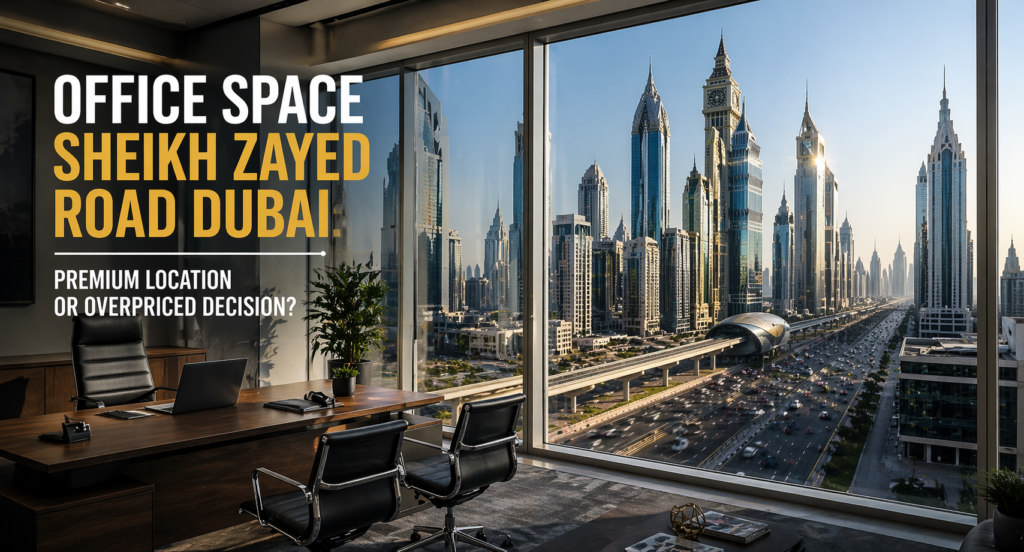 Modern office space in Sheikh Zayed Road Dubai showing premium vs budget workspace comparison with skyline view