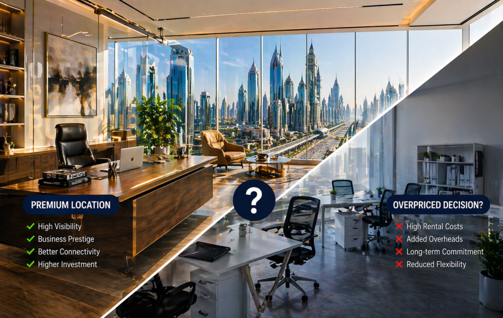 Modern office space in Sheikh Zayed Road Dubai showing premium vs budget workspace comparison with skyline view