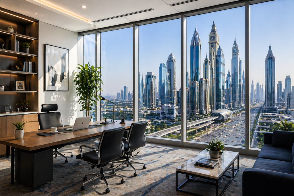 Modern office space in Sheikh Zayed Road Dubai showing premium vs budget workspace comparison with skyline view