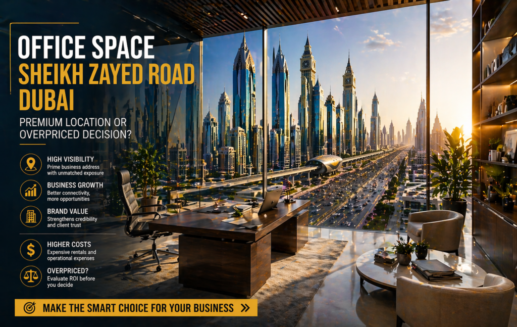 Modern office space in Sheikh Zayed Road Dubai showing premium vs budget workspace comparison with skyline view