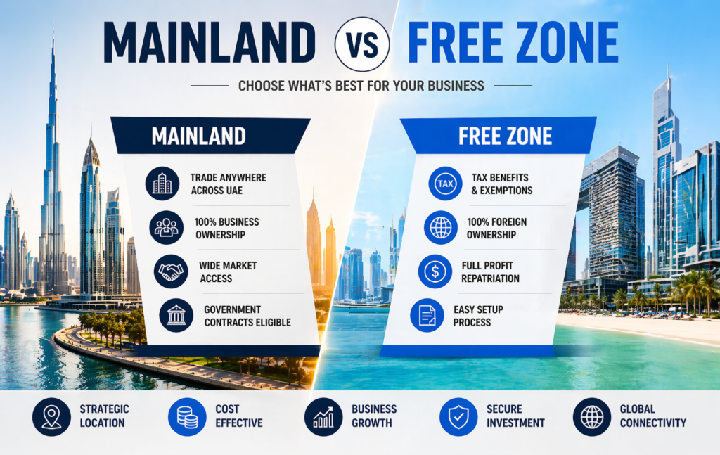 Mainland vs Free Zone Dubai comparison with skyline background showing business setup options in UAE