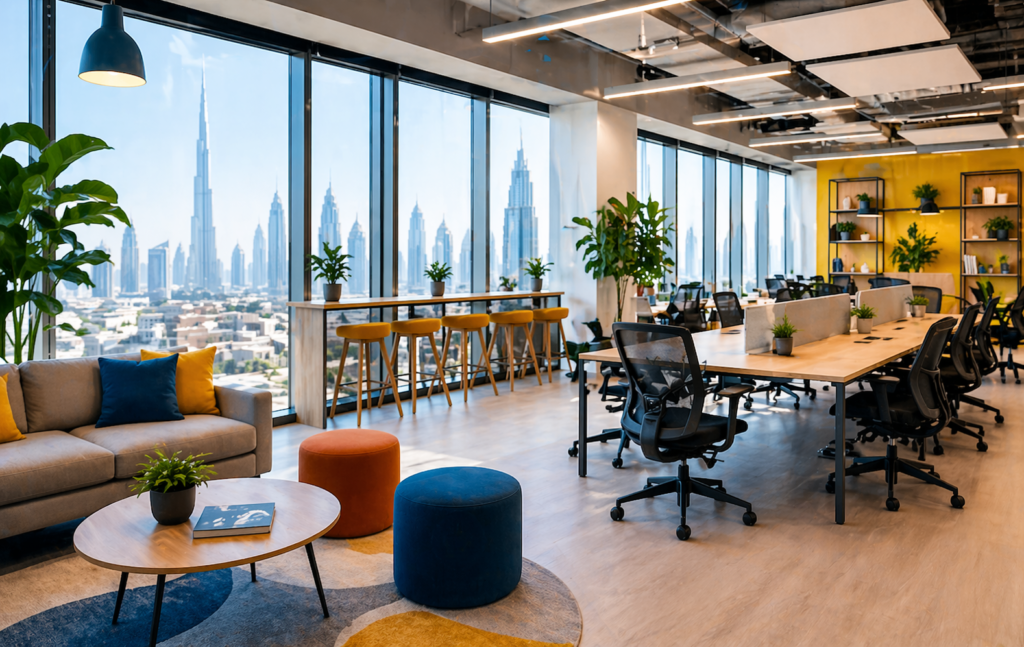 Premium coworking space in Dubai with luxury office interiors, modern workspace design and skyline view