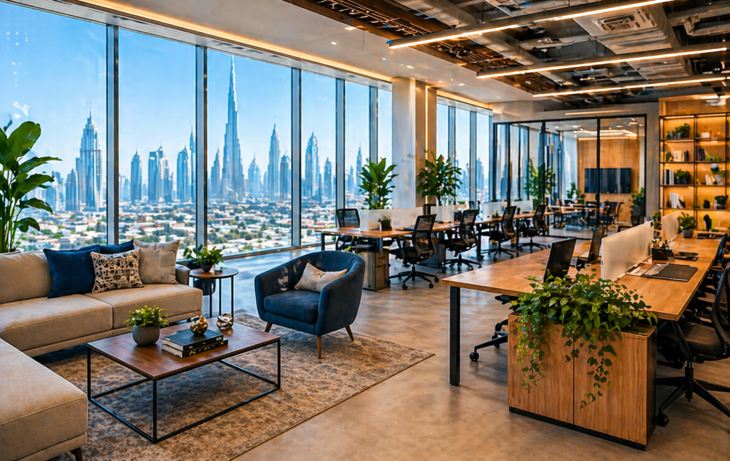Premium coworking space in Dubai with luxury office interiors, skyline view and modern executive workspace for businesses in 2026