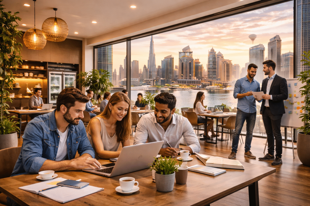 professionals working in modern coworking space in Dubai with skyline view 2026