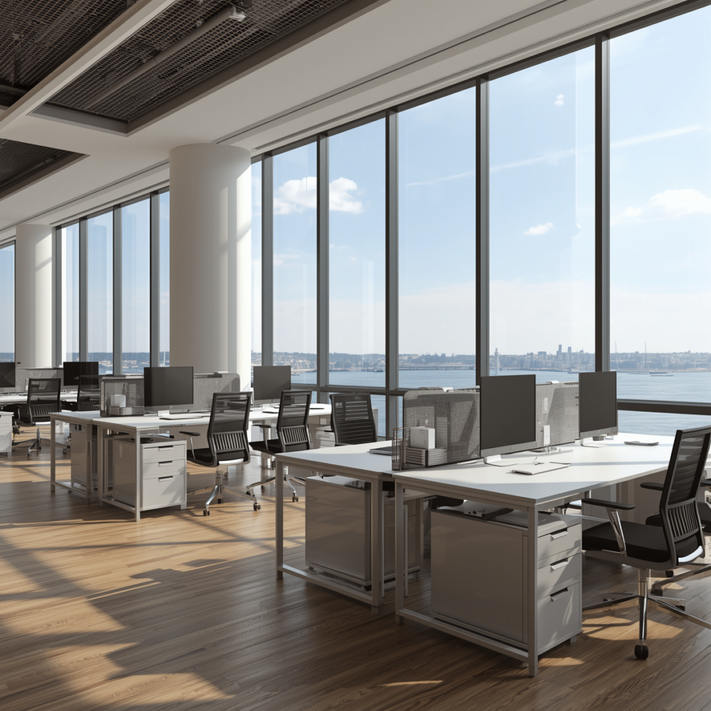 Current image: Professional coworking space in Dubai with open desks