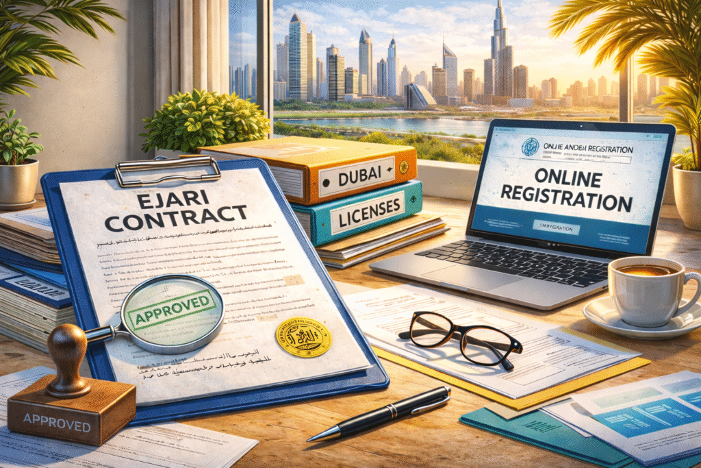 Ejari contract Dubai approved with online registration and business setup documents in Dubai office