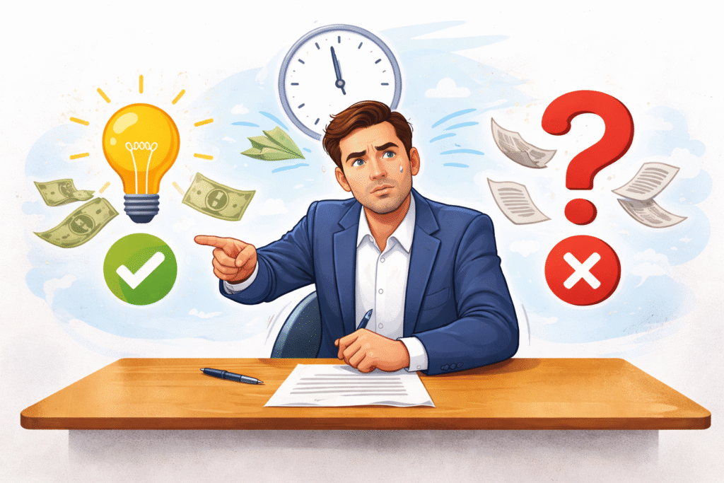 Businessman rushing decision without comparing options showing confusion and time pressure