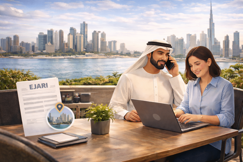 Business professionals using a virtual office setup in Dubai with skyline view