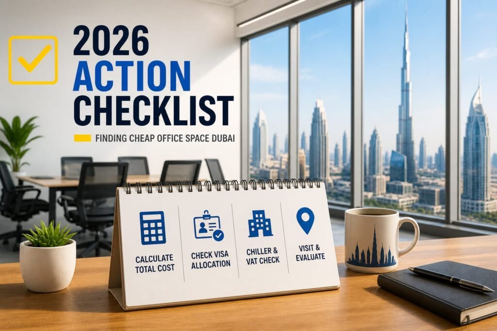 Action list for choosing cheap office space Dubai with cost-saving strategies and workspace tips