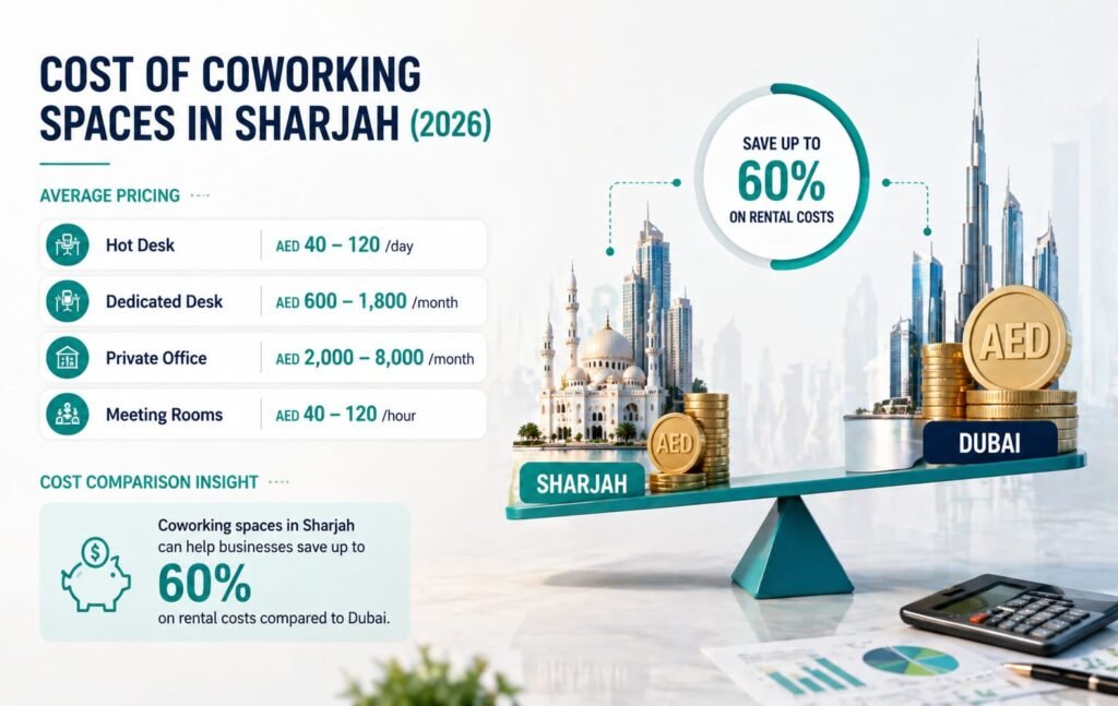 coworking spaces in Sharjah pricing flexible office plans hot desks private offices modern workspace UAE 2026 cost guide