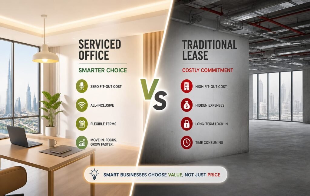 Serviced office vs traditional lease Dubai comparison cost flexibility workspace options UAE