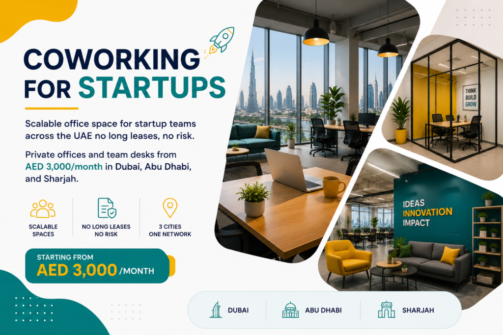 coworking for startups UAE scalable office space private offices flexible team desks