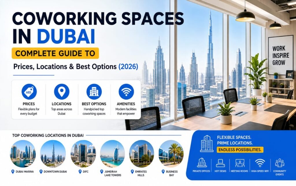 Modern coworking spaces in Dubai featuring flexible desks, private offices, and business environments in 2026