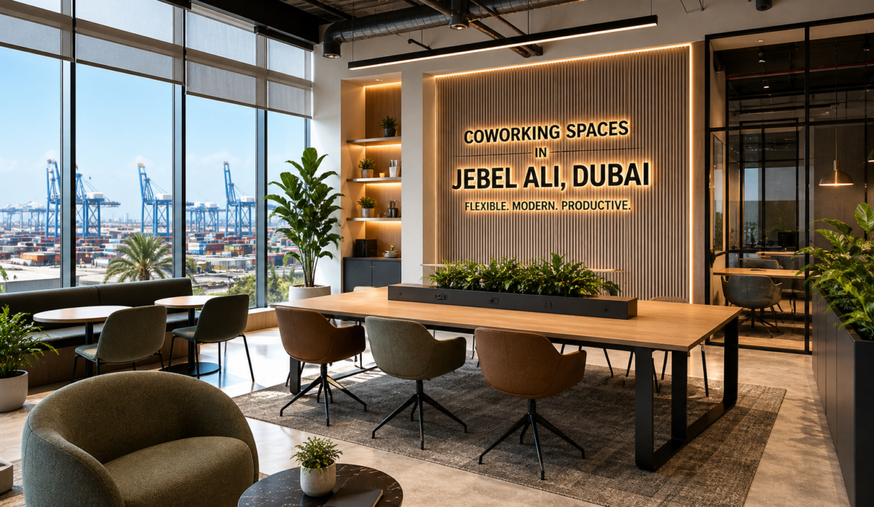 Modern coworking office interior in Jebel Ali Dubai showing bright, flexible workspace design with glass walls, workstations, and meeting zones