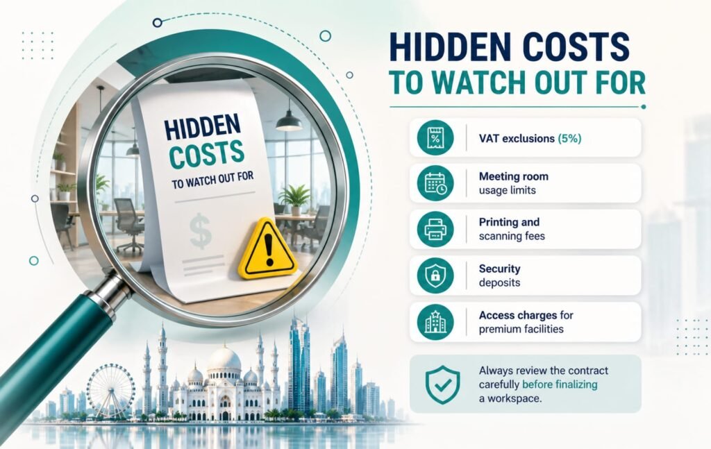 hidden costs in coworking spaces office rental extra charges utilities maintenance fees business workspace expenses UAE.