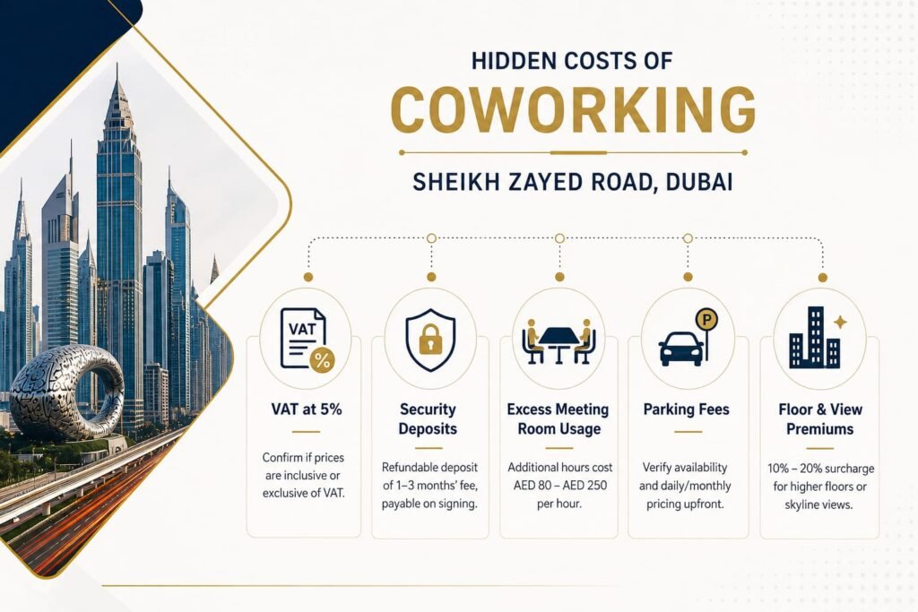 Hidden costs of coworking Sheikh Zayed Road Dubai including fees for meeting rooms, parking, and business services