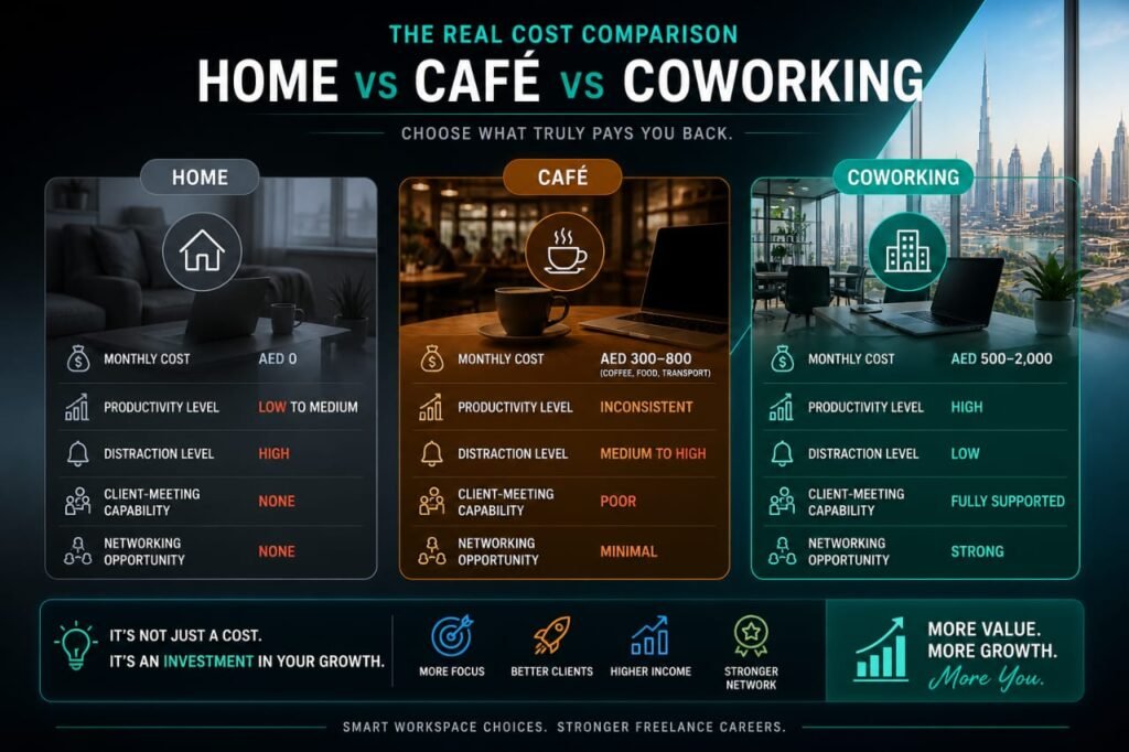 Cost comparison between home office, café workspaces, and coworking spaces for freelancers in Dubai