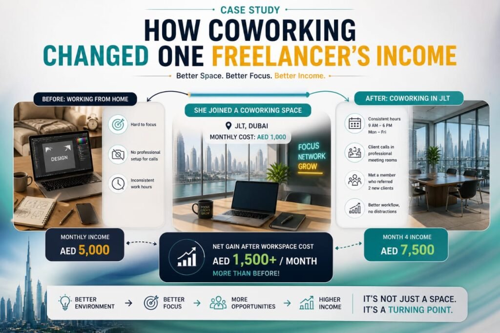 Case study showing how coworking spaces helped a freelancer increase income and productivity in Dubai