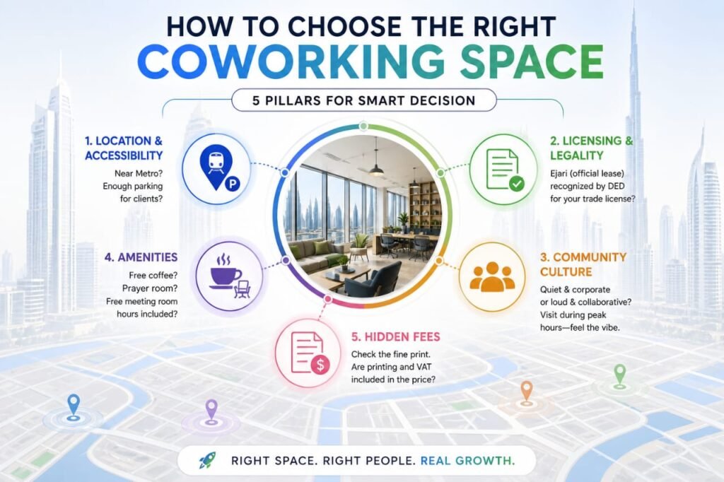 Professional evaluating modern coworking spaces with desks, meeting rooms, and flexible office amenities in a business environment