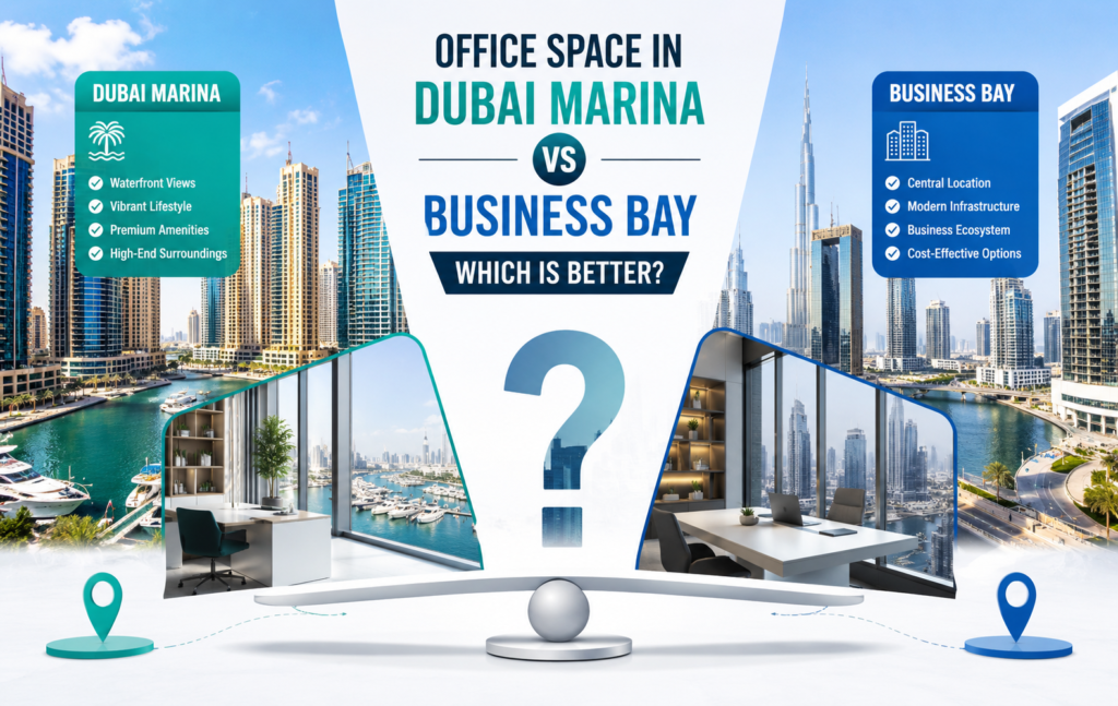 office space in Dubai Marina vs Business Bay comparison cost location workspace benefits UAE