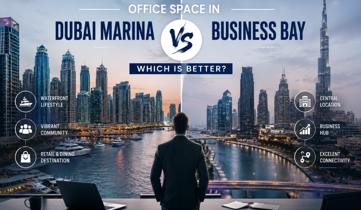 office space in Dubai Marina vs Business Bay which is better comparison workspace location cost UAE