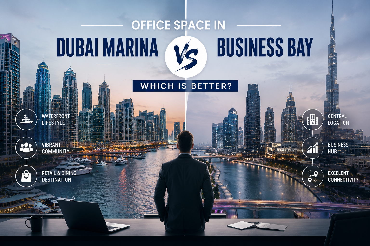 office space in Dubai Marina vs Business Bay which is better comparison workspace location cost UAE