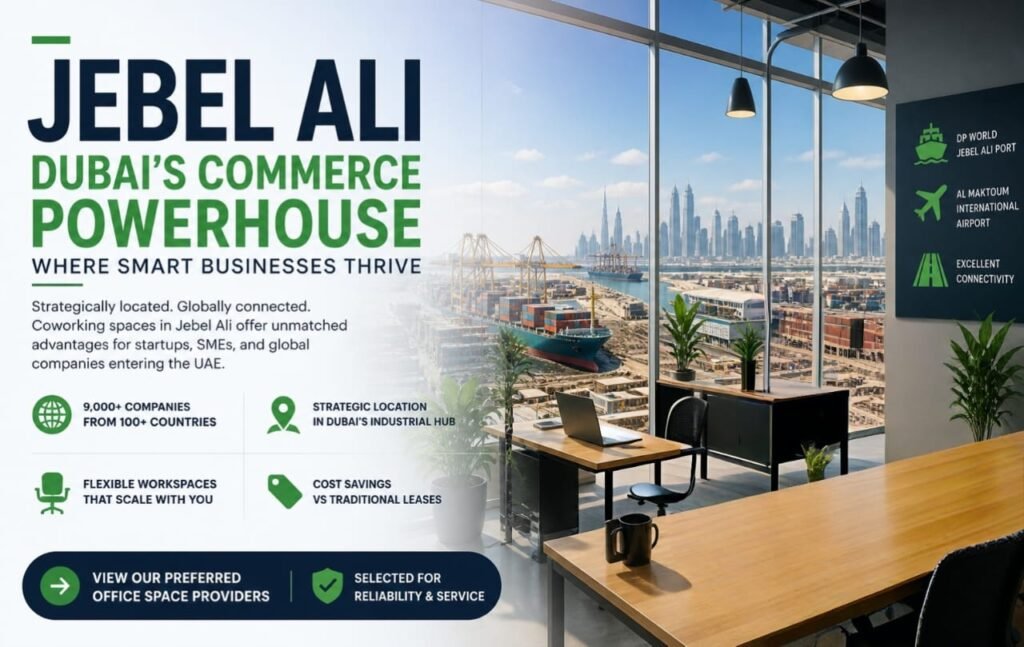 Modern Jebel Ali commercial workspace landscape with industrial offices, logistics hubs, and business district infrastructure in Dubai