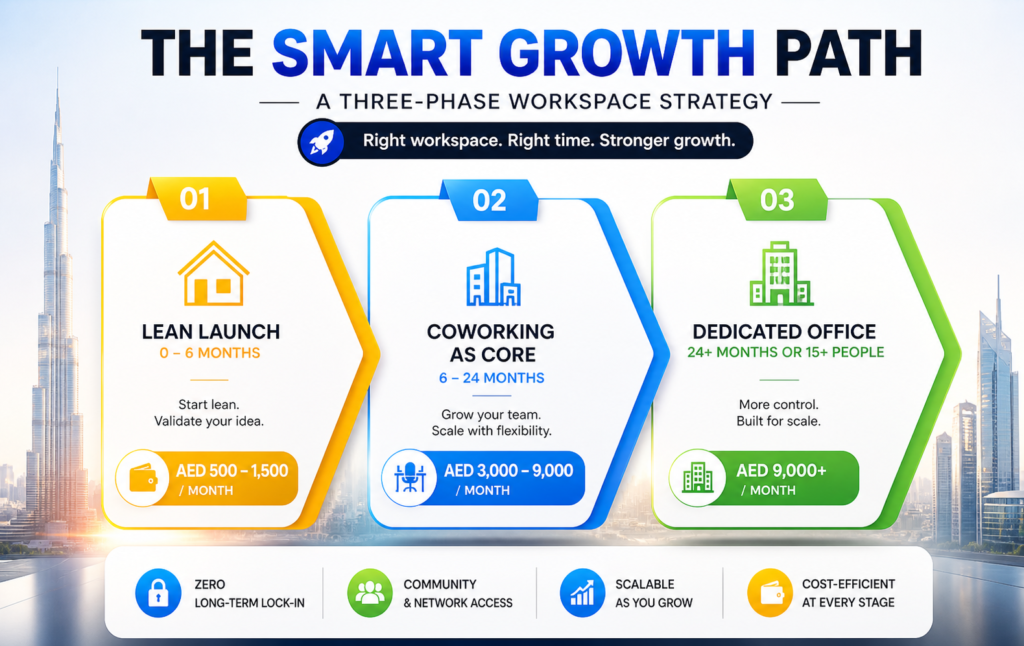 Three-phase workspace strategy for startups using coworking spaces and flexible office solutions in the UAE